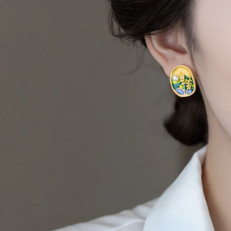 Monet Garden Imitates Baroque Pearl Oil Painting Style Stud Earrings For Women\'s High-end Jewelry Retro Accessories For Summer