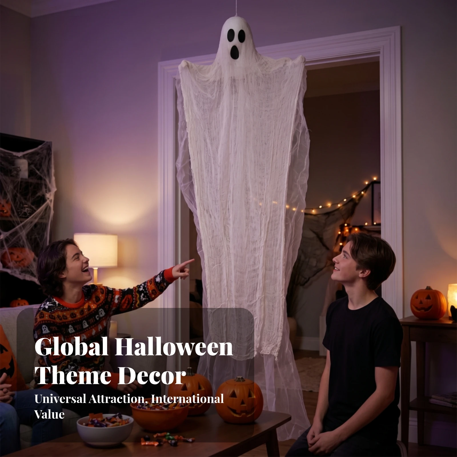 Halloween Ghost Decor Black Face Details Hanging Ghost Lightweight Sheet-Like Shape