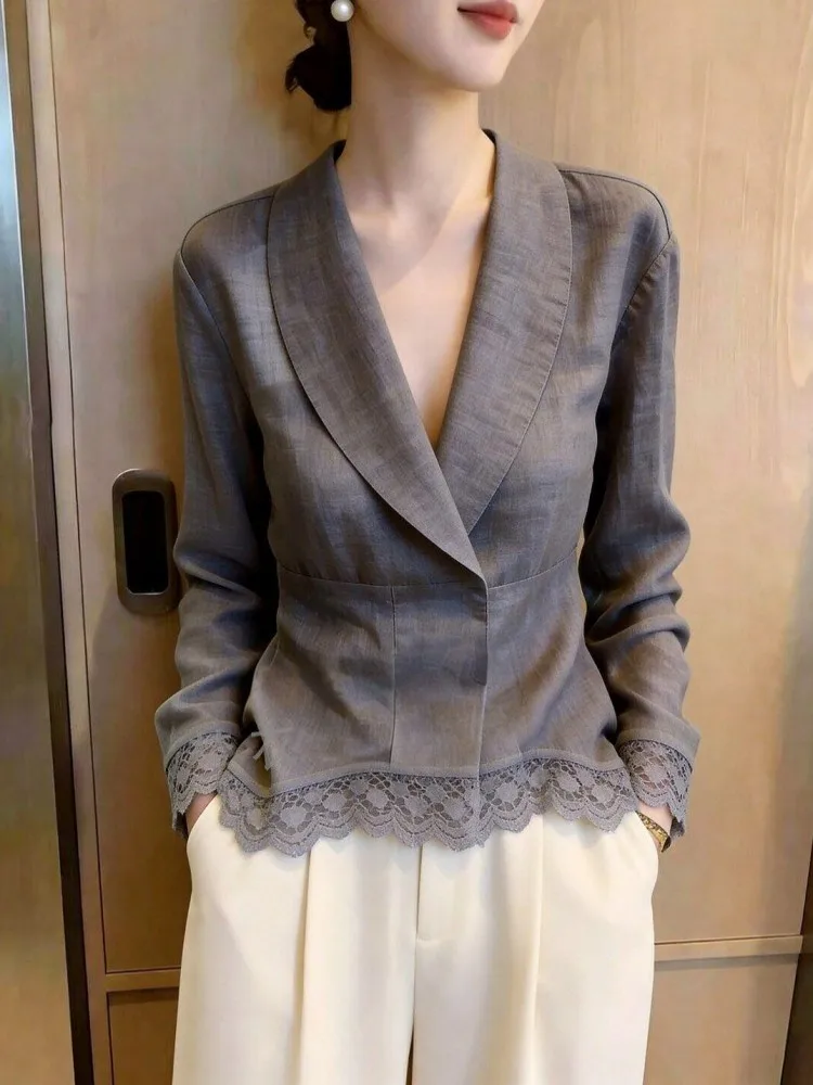 French Style Office Ladies New Summer Work Breathable Lace Spliced Blazer Jacket Single Button Casual Women Business Suit Coat