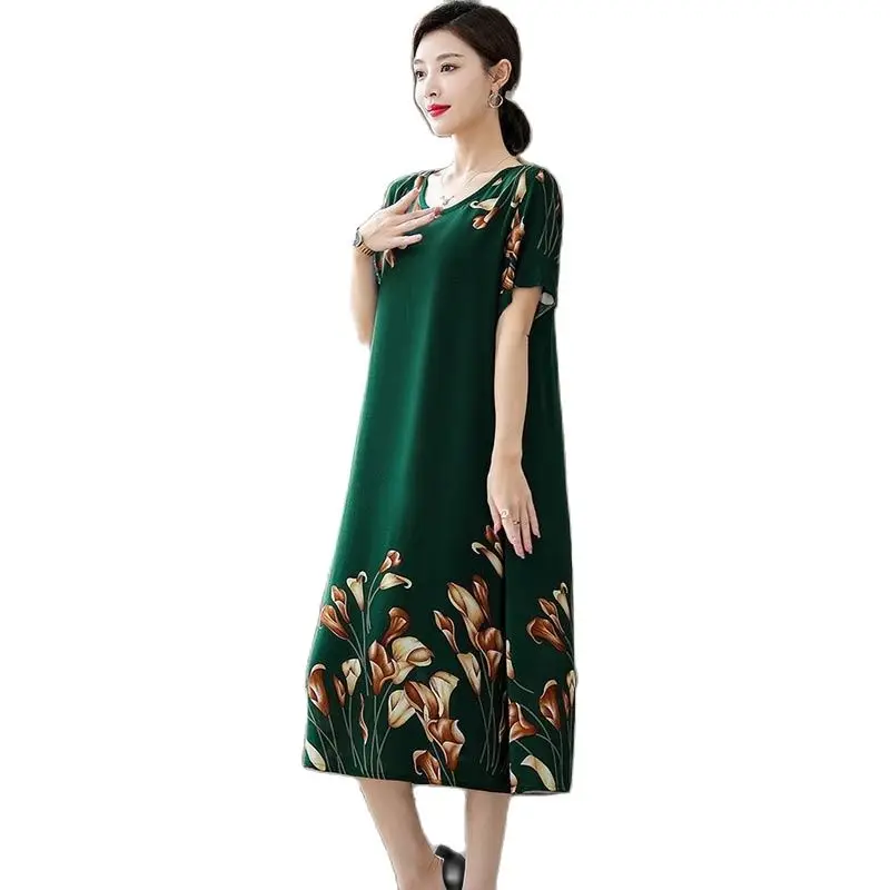 

2022 Summer New Cotton Silk Dress Women's Soft Temperament Short-sleeved Casual A-line Skirt Loose Fashion Printing Long Skirt