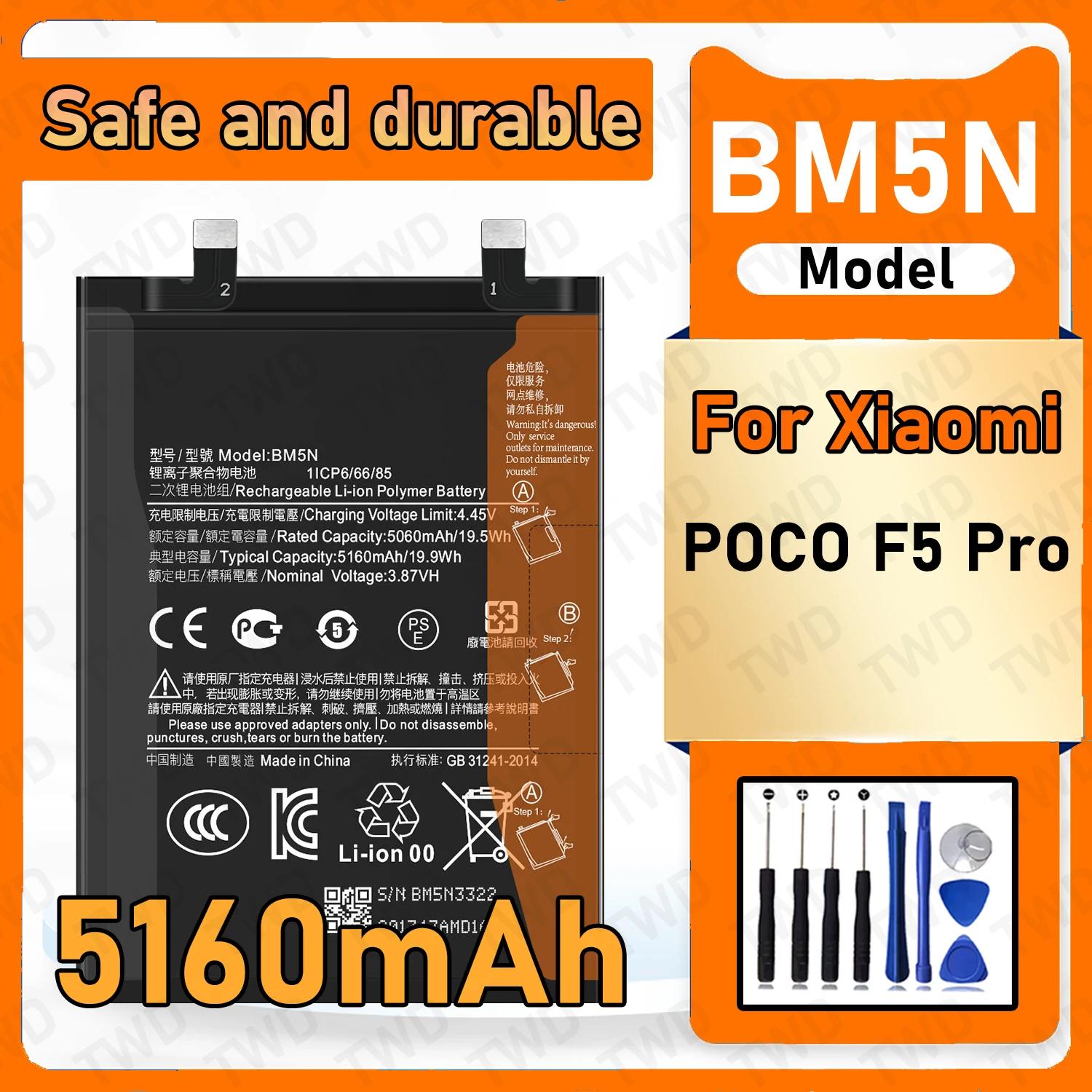 

5160mAh BM5N Battery For Xiaomi POCO F5 Pro Replacement Bateria+Free Tools