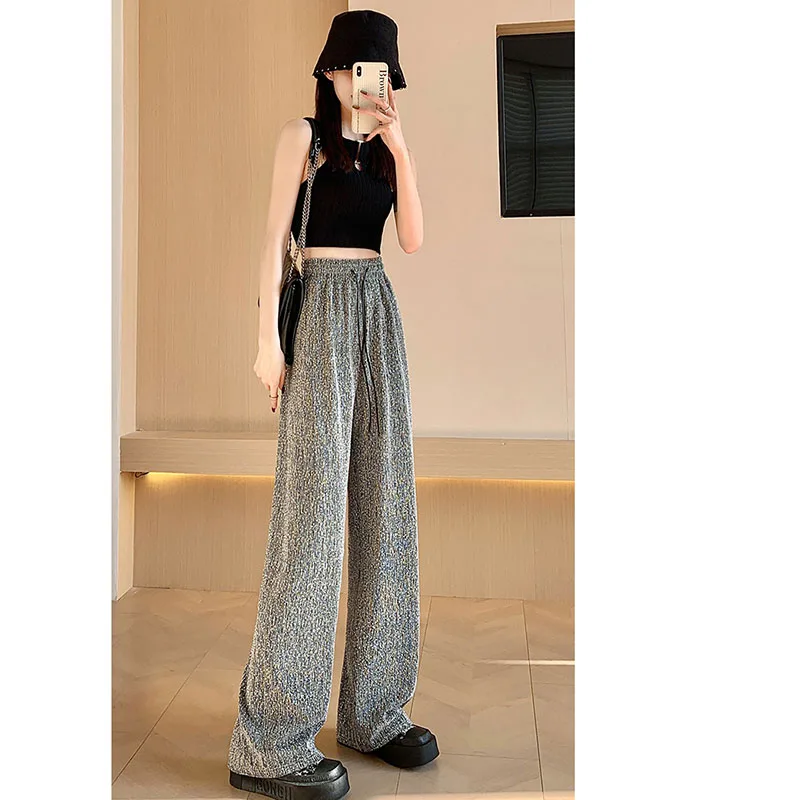 New Ice silk Wide-Leg Pants Women Spring Summer Loose High-Waisted Slim Straight Elastic Waist Soft Fashionable Casual Pants