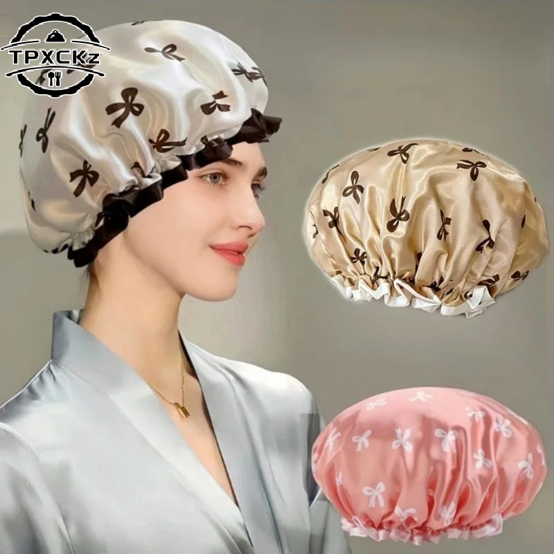 Three-piece Set Double-Layer Waterproof Reusable Shower Cap Stylish And Elasticity Bowknot Print Hair Cover For Bathing Cap