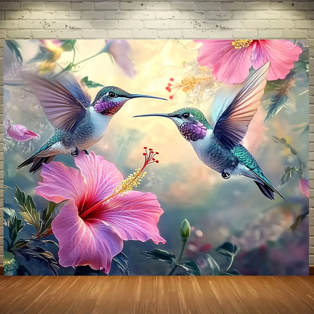 Beautiful Tropical Hummingbird Floral Tapestry Wall Hanging Art Print Decoration for Living Room Bedroom Jungle Pink Flower Home