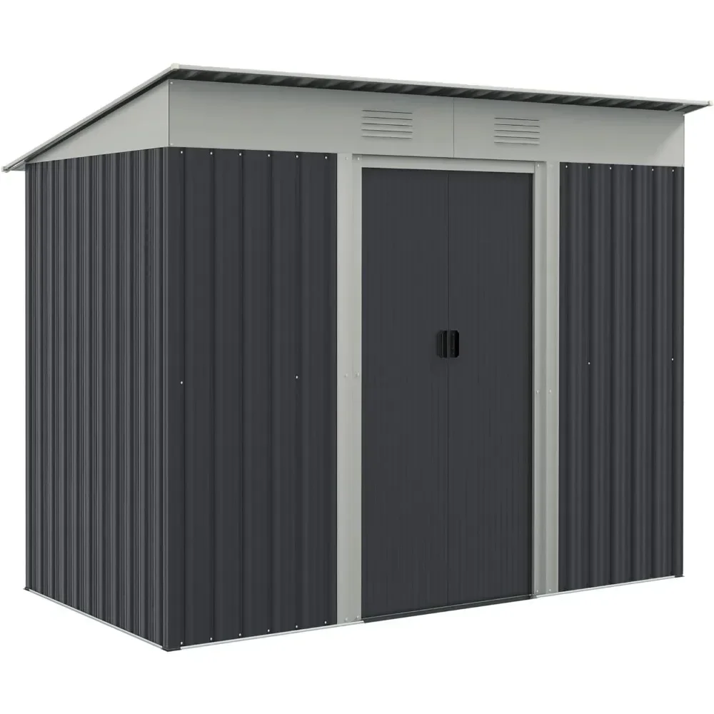 7 'x 4' metal inclined outdoor gray garden shed, garden tool room with double sliding doors, 2 ventilation openings