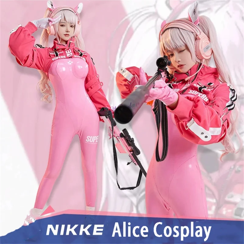 Anime Game Intérieur ke Alice Tambour Costume, Latex Catsuit Jumpsuit, Sexy Crop Top Jacket, Chaussures, Perruque Props Cosplay Costume, UY6736