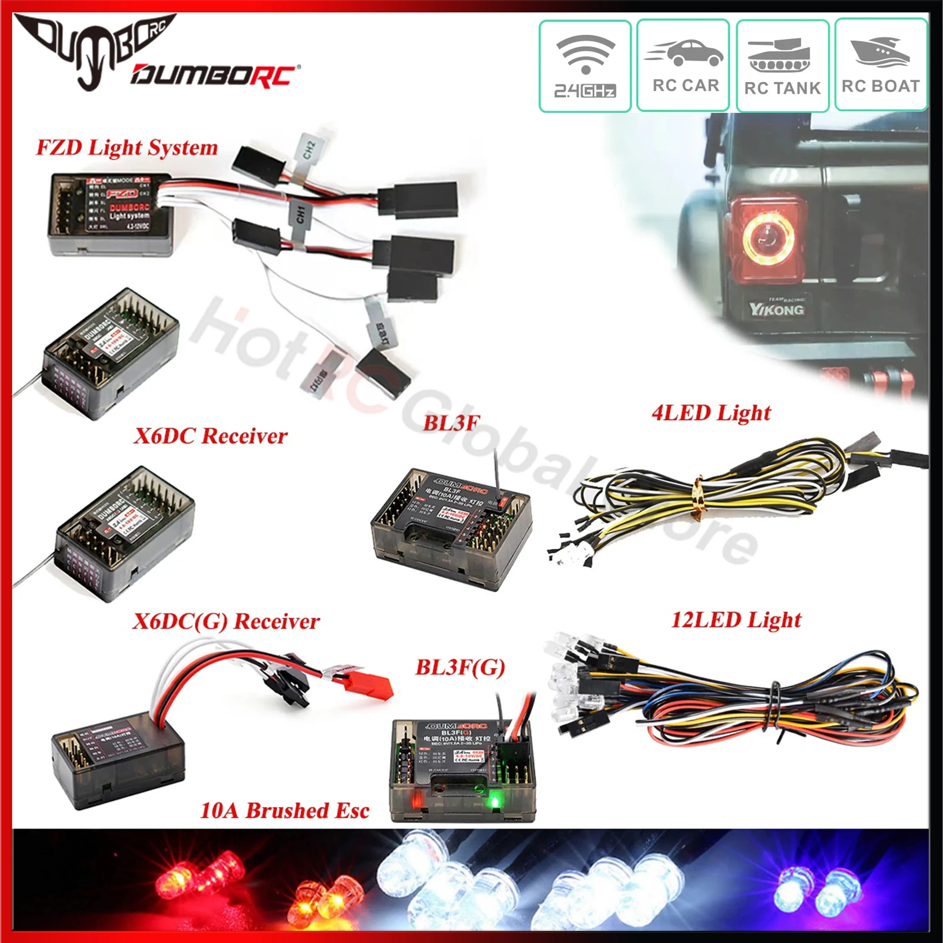 DUMBORC X6DC X6DCG BL3F(G) FZD Gyro Receiver 12LED Light Control System for RC Car Boat Tank Racing DIY Hobby Remote Controller