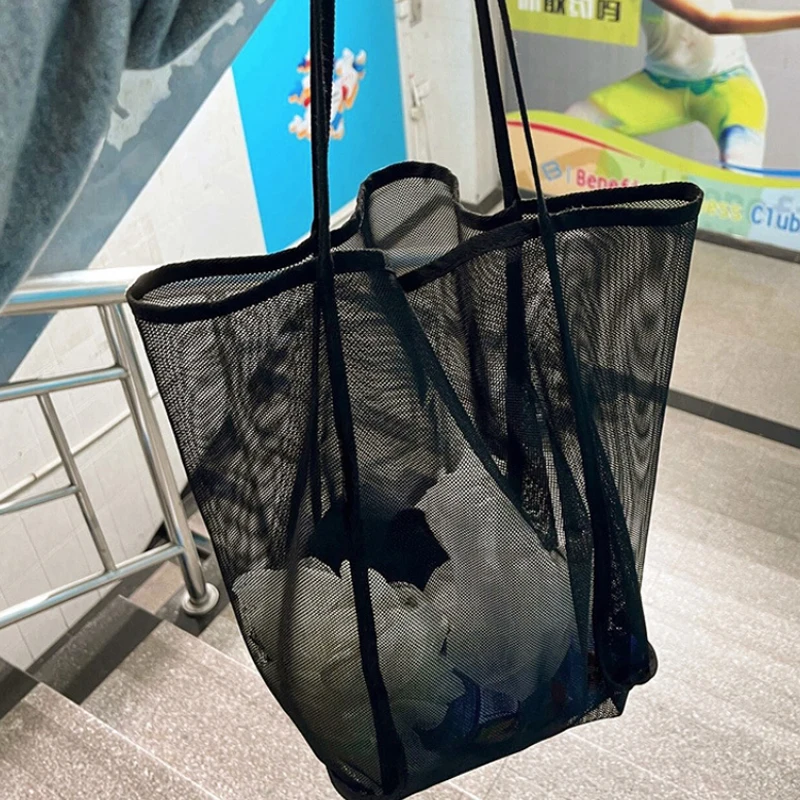 

2026 Mesh Tote Bag Large Beach Bag Reusable Grocery Shopping Bag Foldable Laundry Organizer For Pool Travel Picnic Essentials