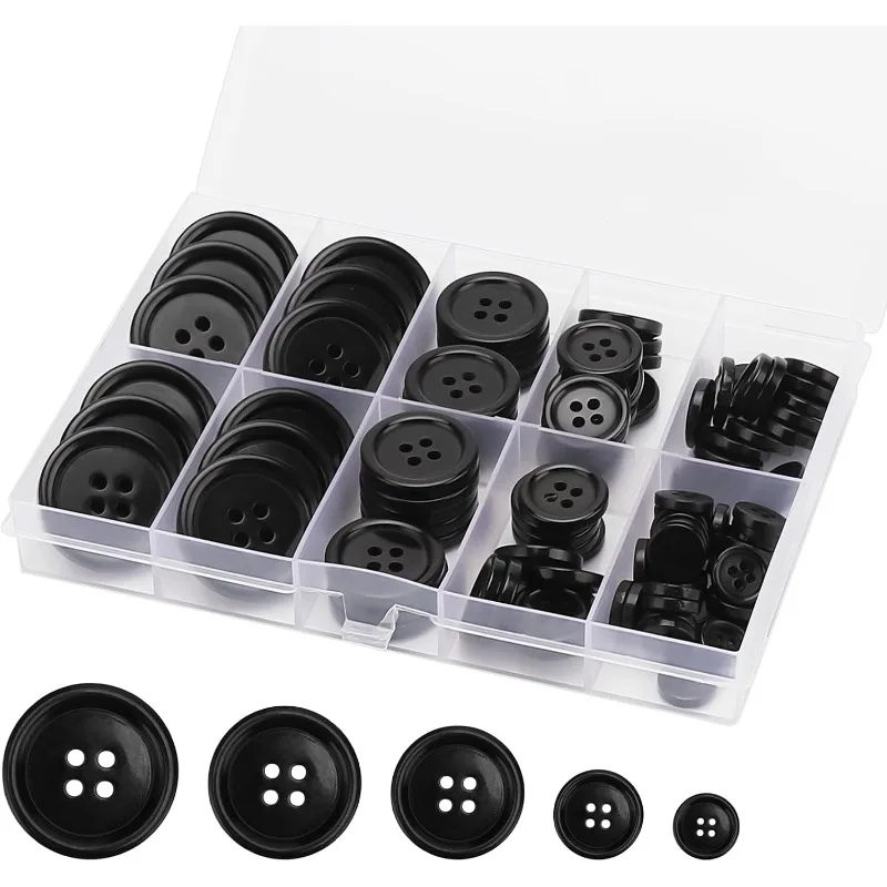 100 Pcs Premium Mixed Resin Sewing Buttons, Eco-Friendly 4-Hole Craft Buttons, 5 Sizes of Black Buttons Suitable for Sewing, DIY and Holiday Decoration(Black)