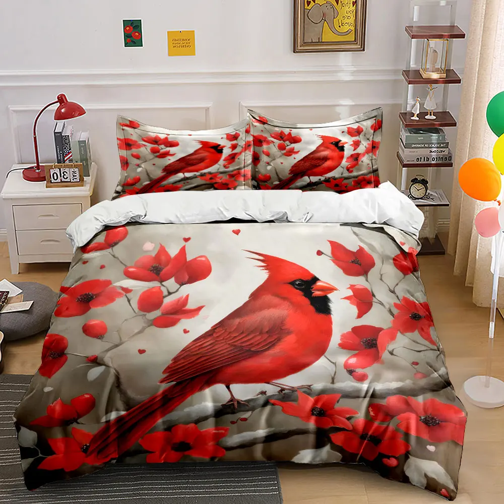 A vibrant red bird perched amidst blooming red flowers. Print Duvet Cover Bedding Set Included 1*Duvet Cover 2*Pillowcases