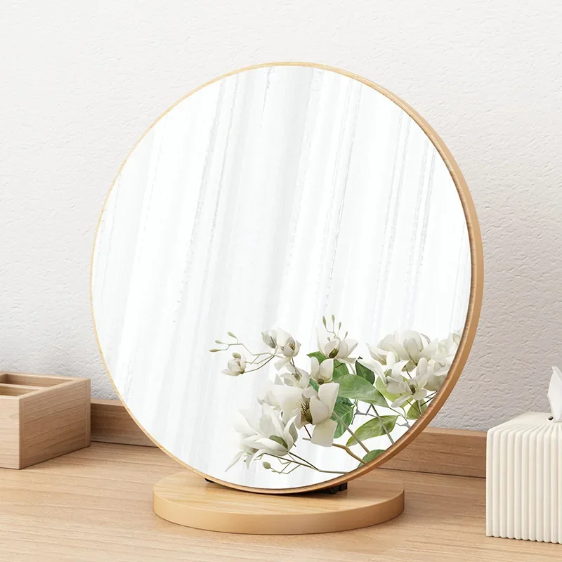 High Definition Mirror Simple Desktop Round Mirror Portable Makeup Mirror for Dormitory Wooden Retro Decorative Accessory