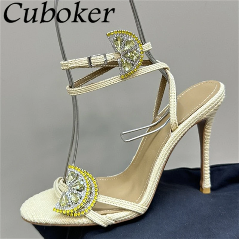 

2024 Summer New Lemon Slices Crystal Thin High Heel Sandals Women Fashion Ankle Buckle Stilettos Sexy Party Dress Sandals Femme