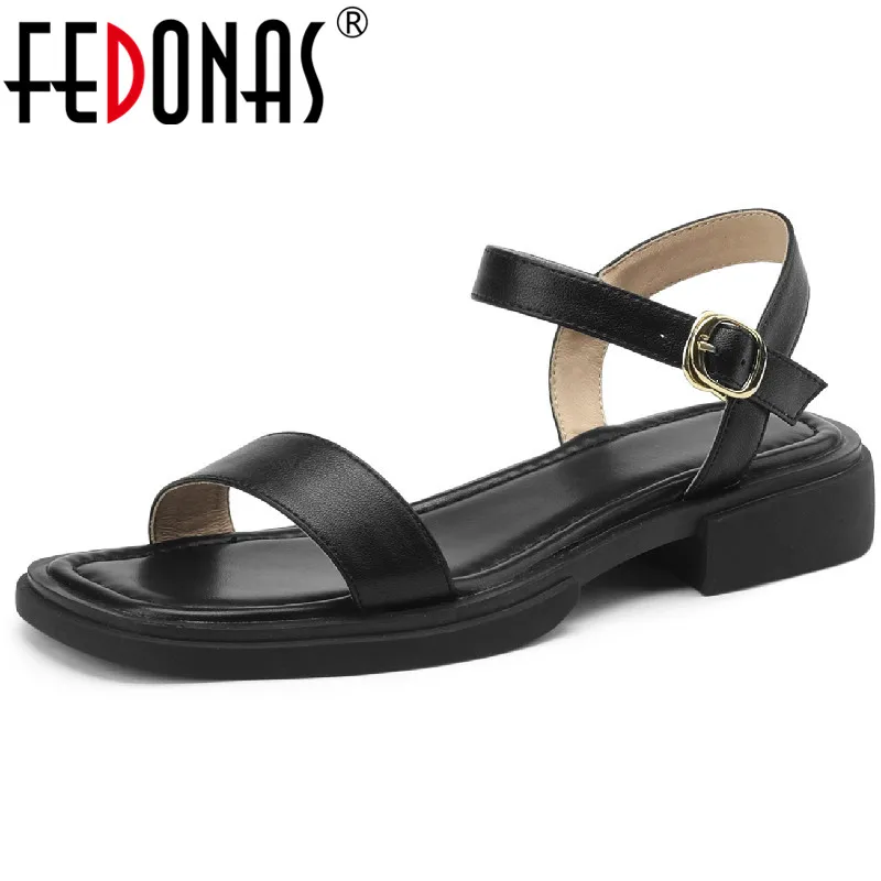 FEDONAS 2025 Summer Women Sandals Low Heels Basic Genuine Leather Office Ladies Casual Outdoor Shoes Woman Concise