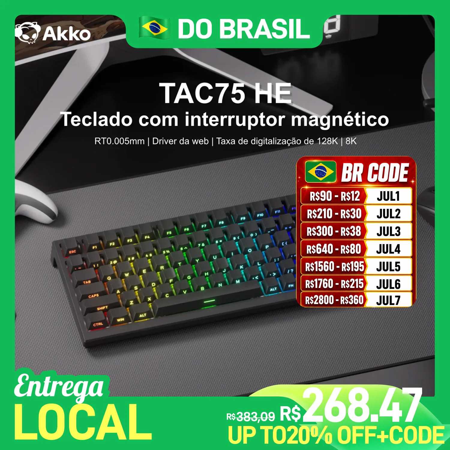 Teclado Mecânico Akko TAC75 HE 75% com Switches Magnéticos, Rapid Trigger 0.005mm, ARGB, Taxa de Polling 8K, Teclado Gamer Personalizável com Fio