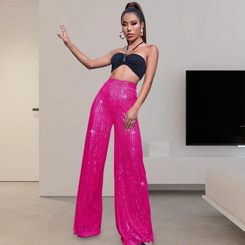 Women Sequin Flare Pants High Waist Sparkle Glitter Wide Leg Loose Pants Trousers Party ClubwearC Champagne Sparkle Streetwear