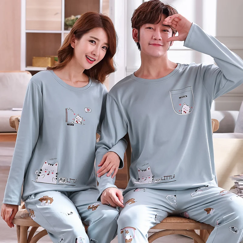 Couple\'s Pijama Sets M-3XL Autumn Spring Pajamas Lovely Cartoon Sleepwear Cotton Pyjamas For Women Man Top Pant Leisure Outwear