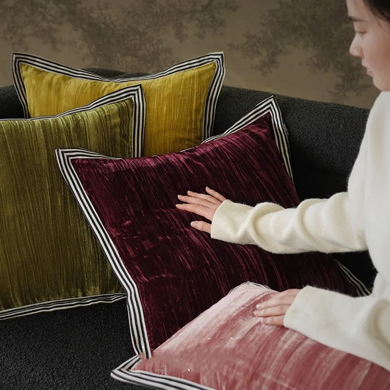50x50cm Luxury Crushed Throw Pillow Cover with Black White Striped Trim, Soft Decorative Cushion Case for Sofa Living Room Bed