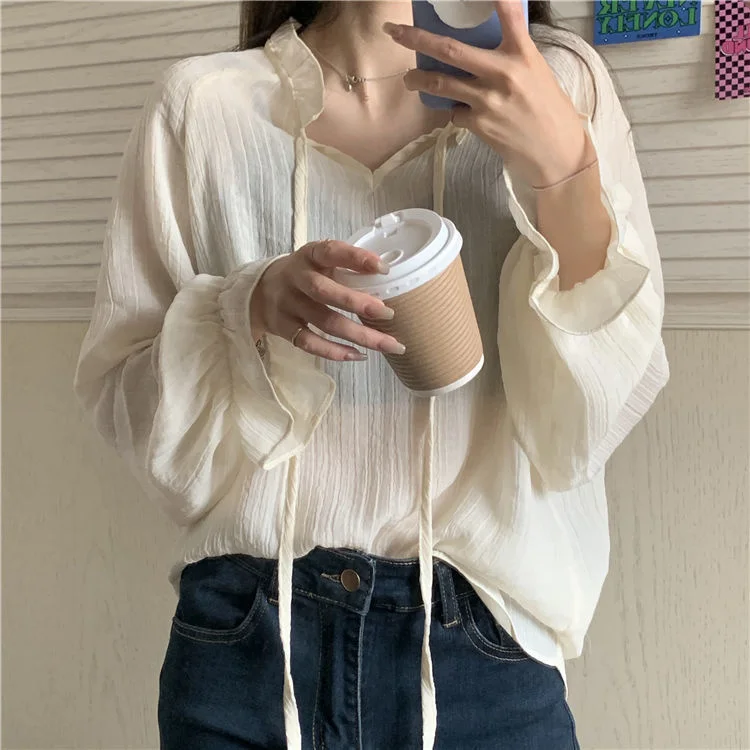 

Korean Loose Chiffon Shirring Shirt Spring Summer Women Ruffles Loose Lace Up Chic Blouses V-neck Long Sleeve Tops Korean Style
