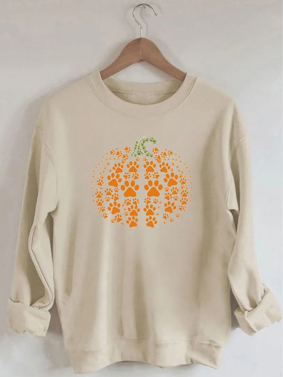 

Rheaclots Halloween Paw Pumpkin Print Women's Cotton Female Cute Long Sleeves Sweatshirt