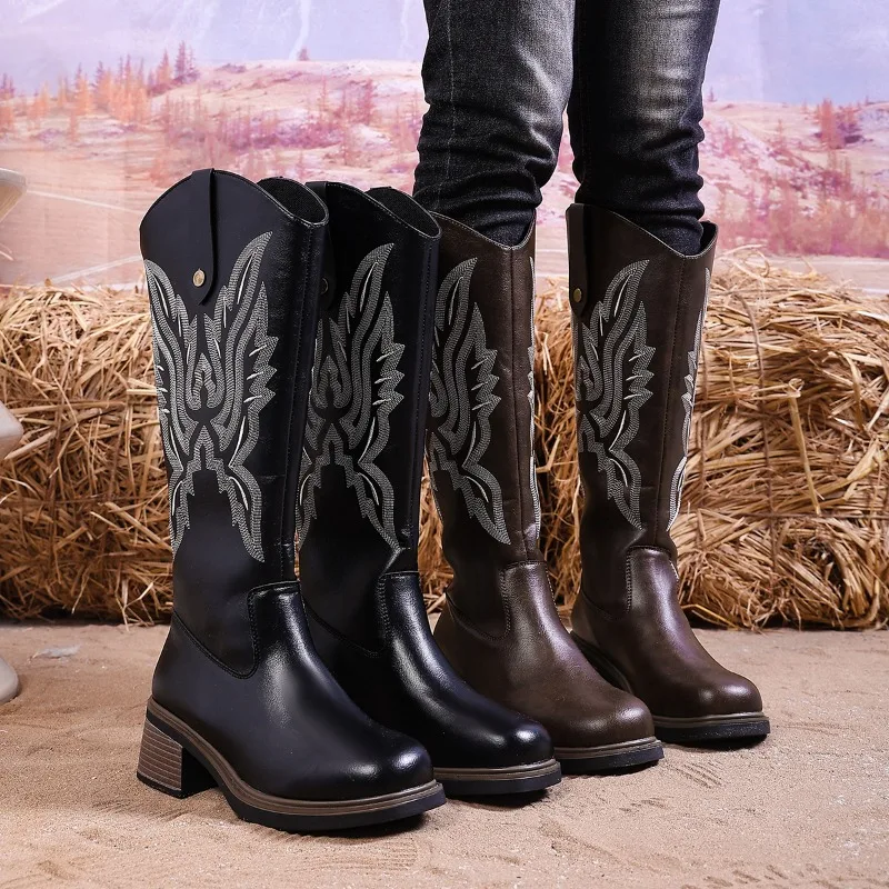 

2025 New Winter Vintage Women Boots Cowboy Boots Women Embroidered Round Toe Long Boots Chunky Mid Calf Women Shoes