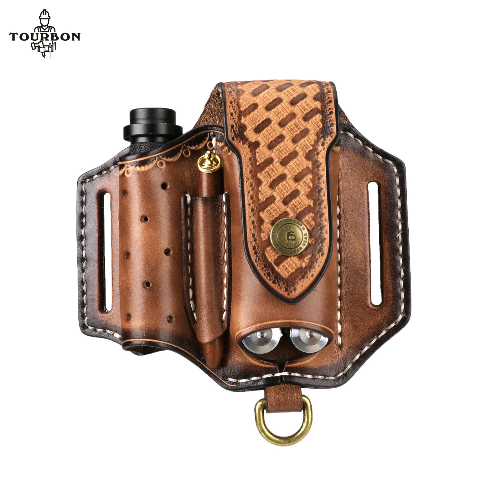 Tourbon Multifunction Leather Folding Knife Sheath EDC Pocket Organizer for Folding Knife Flashlight Mini Knife Pouch Brown