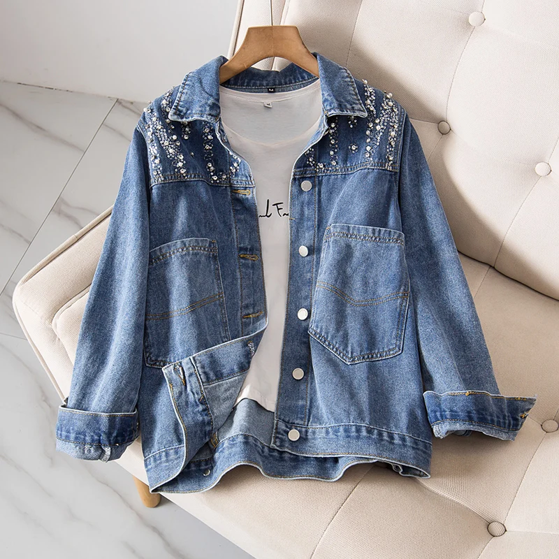 

Fast Delivery New Autumn Fashion Women’s Denim Jacket Full Sleeve Loose Button Pearls Lapel Wild Casual 2022 Oversize Coat