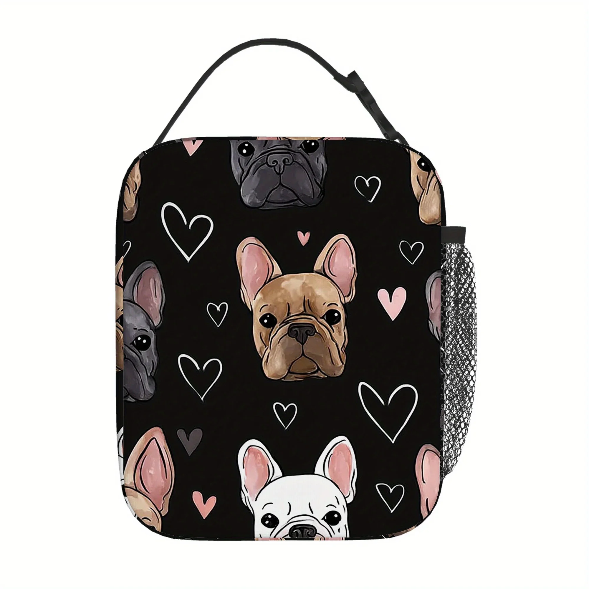 1pc French Bulldog & Heart Pattern Insulated Lunch Bag - Reusable, Non-Food Contact, Polyester Cooler Bag with Black Handles for
