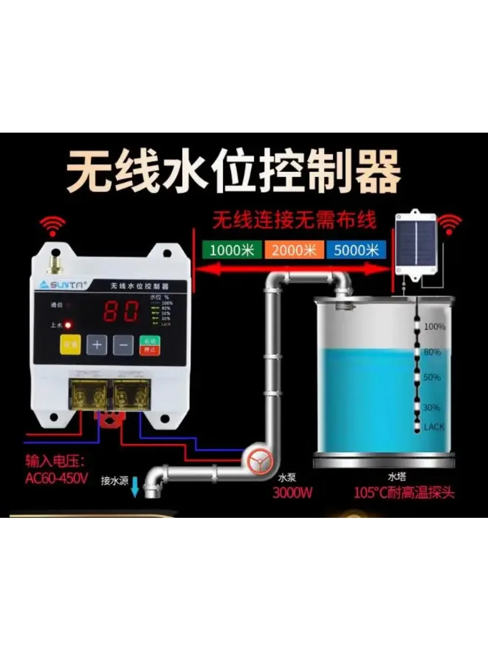 English version wireless remote water level controller pump tank Water tower 220V liquid level remote sensor switch