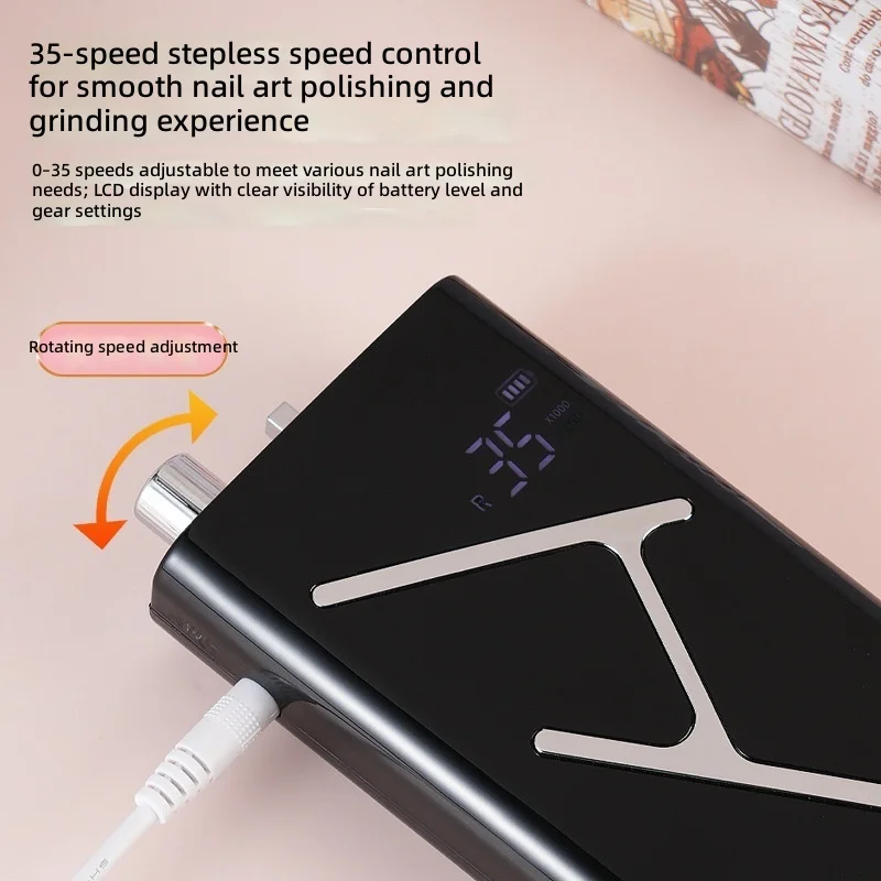 Electric Nail Drill Machine, Rechargeable Portable Efile for Acrylic Gel, Aluminum Handle Reversible Nail File Polisher Tool