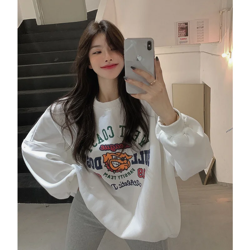 Women Orange Sweatshirt Letter Printing Crew Neck Fashion Oversized Baggy Vintage Thicken Long Sleeves Pullover Tops Winter