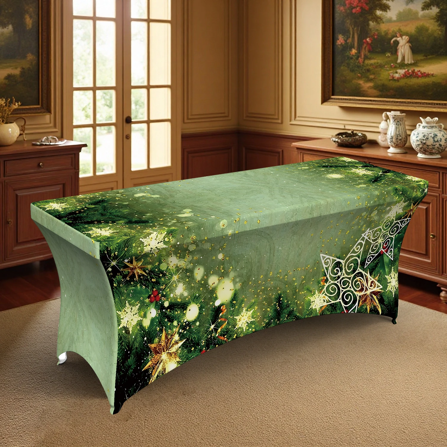1PC Christmas Star Snowflake Printed Elastic Tablecloth, 4/6/8FT Summer Outdoor Stretchable Rectangle Table Cove