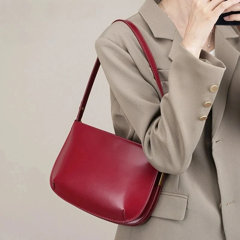 

Genuine Leather Red Shoulder Bag for Women Minimalist Crossbody Cowhide Luxury Handbag Armpit Purse Multi Compartment