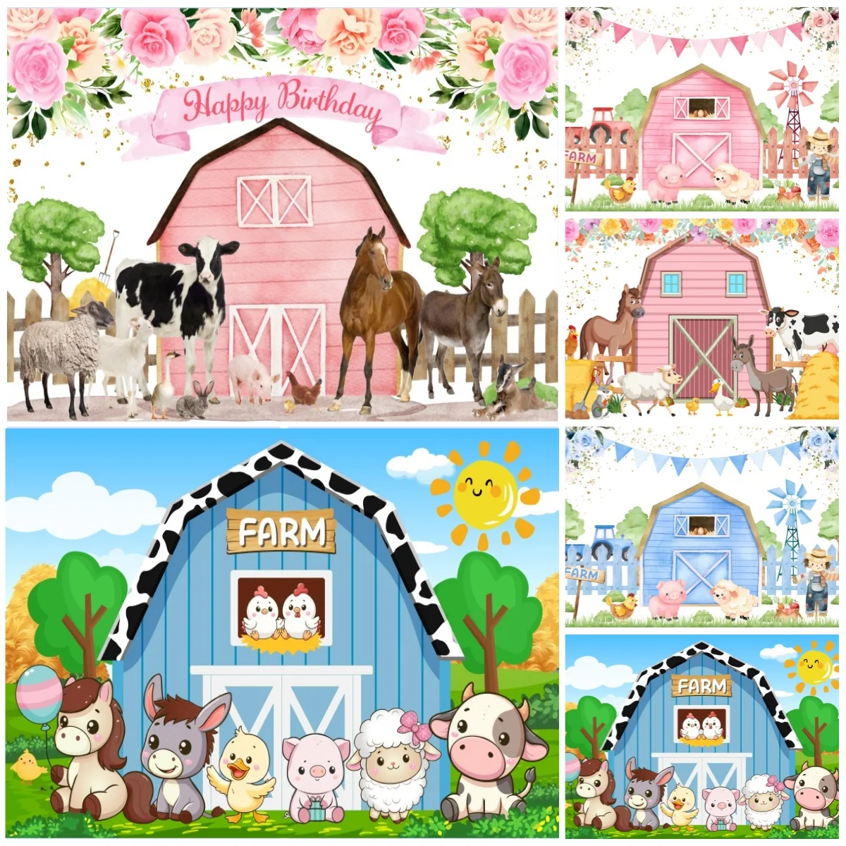 Cartoon Farm Animal Theme Photography Background Birthday Party Wooden Fence Poster Photographic Backdrops Photo Studio