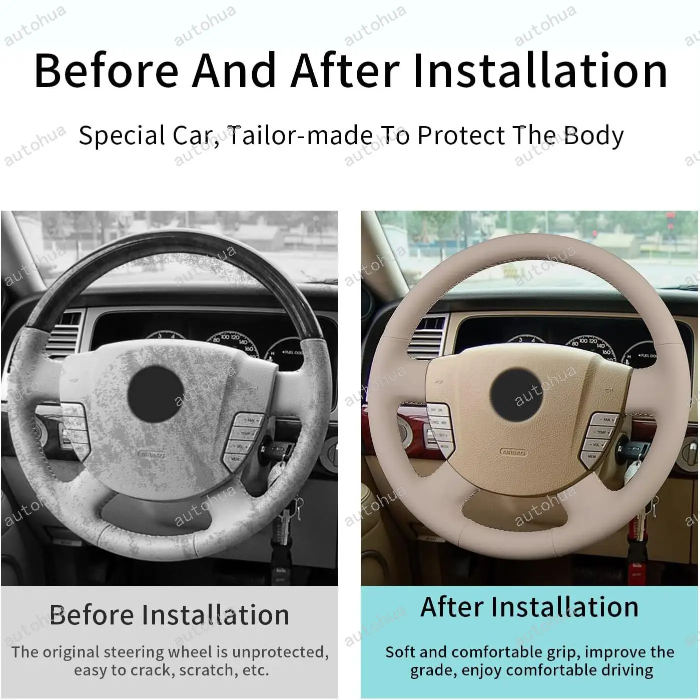 غطاء عجلة القيادة مخيط يدويًا لسيارة لينكولن 2003 طيار غير قابل للانزلاق وجيد التهوية من الجلد المصنوع من الألياف الدقيقة ملحقات السيارة الداخلية