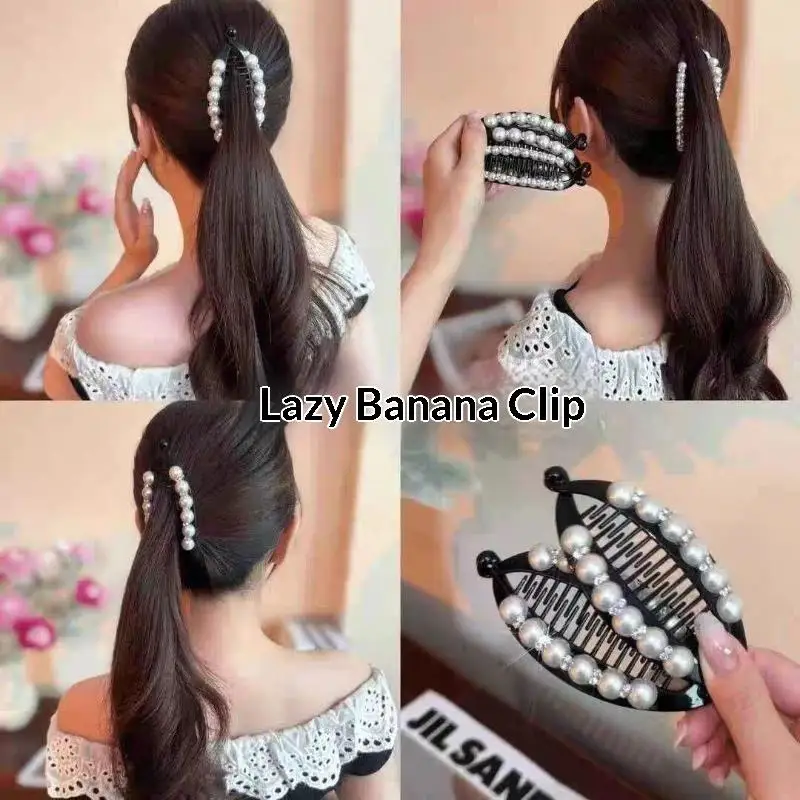Damen-Haarspange mit Perlen und Strass, Bananenclip für Mädchen, Haarklammern, Haarspangen, Fischschwanz-Clip, Haar-Accessoires – Detail 2