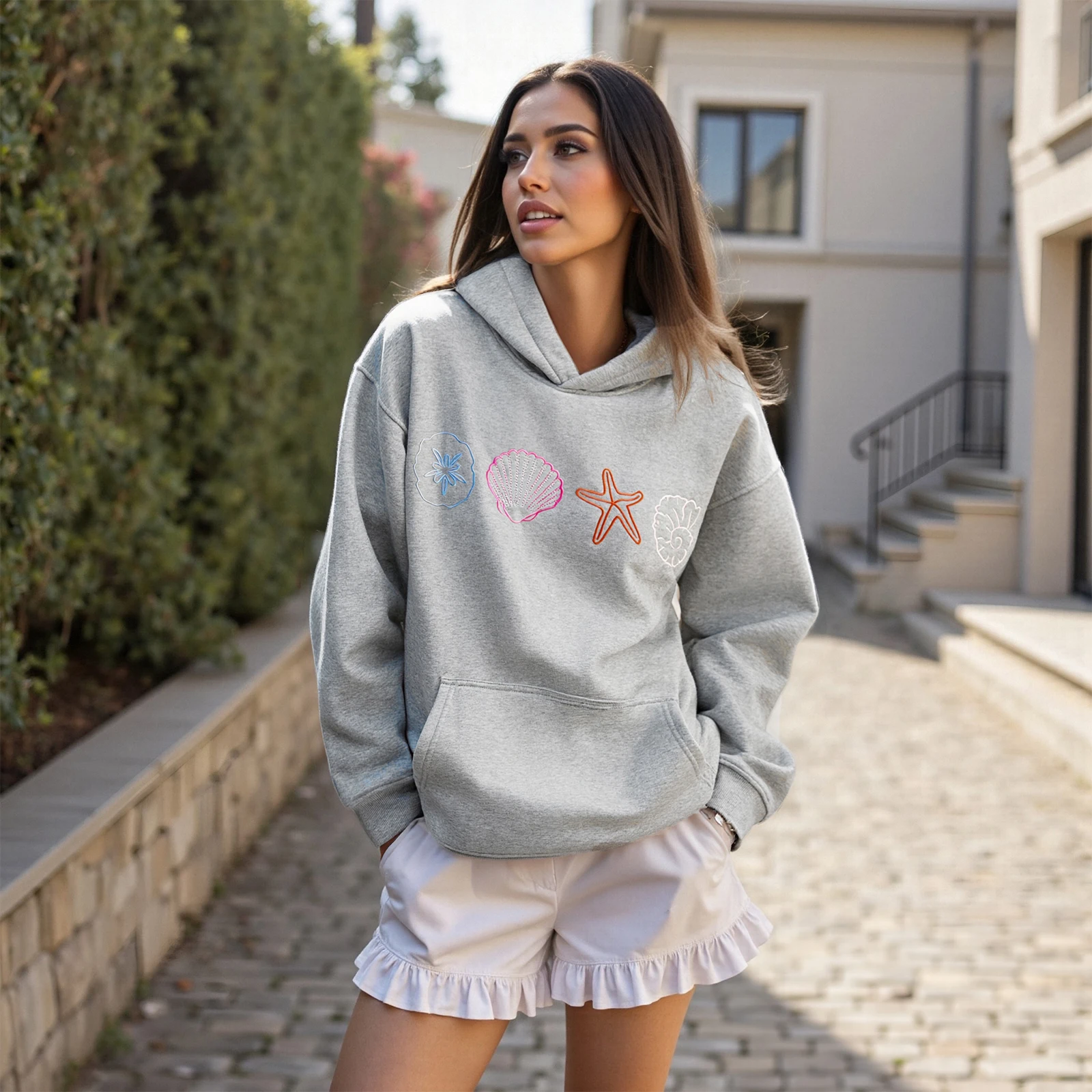 여성용 스타일리시 조개 불가사리 자수 가을 겨울 후드티 캐주얼 루즈핏 긴팔 후드 스웨트셔츠