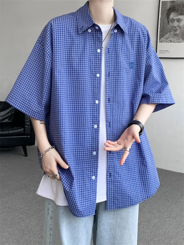 

Loose Fit ort Sve Men's irt y Sle Retro Streetwear Blue Plaid Outerwear for Teenagers Summer Faion Square Co...