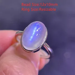 Natural Blue Light Moonstone Adjustable Ring Crystal 12x10mm Oval 925 Sterling Silver Woman Moonstone Ring Round Stone AAAAA