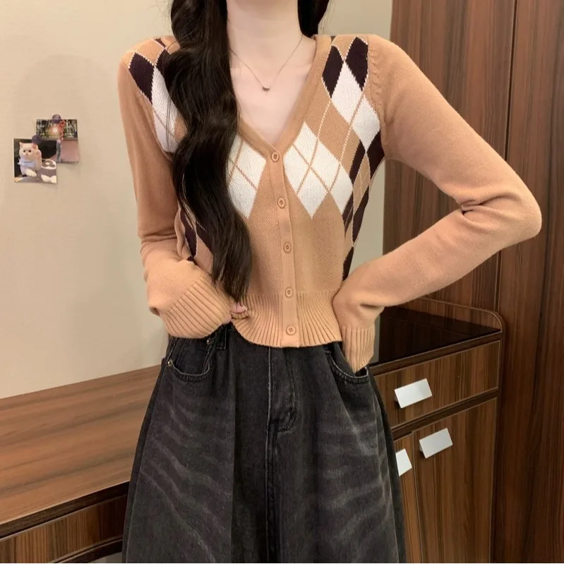 Sle coreano da donna lavorato a maglia con bottoni V-Ne Slim Fit Or Sve Cardigan modello diamante abbigliamento casual autunno inverno nuovo Ar...