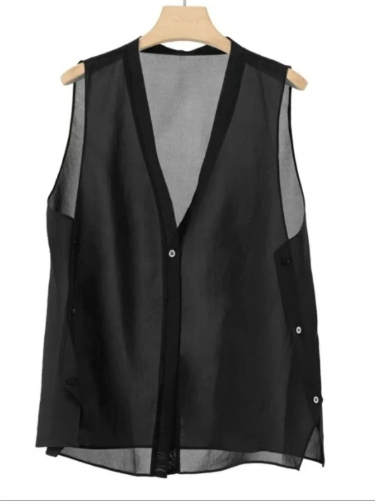 2026 Women's Clothing Black Vest Jackets Sleeveless Vintage Waistcoat Ropa Mujer Summer Vest Casual See Through Oversized Tops