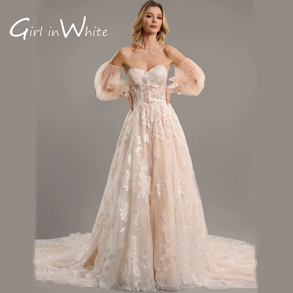 

A-Line Off the Shoulder Sweetheart Court Train Tulle Lace Wedding Dress Robe customized Boho Bridal Gowns Vestidos De Novia