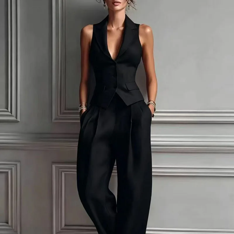 Spring Summer 2 Piece Sets Women Button Lapel Blazer Vest + Wide Leg Pants Elegant Office Business Suit Sleeveless Formal Outfit