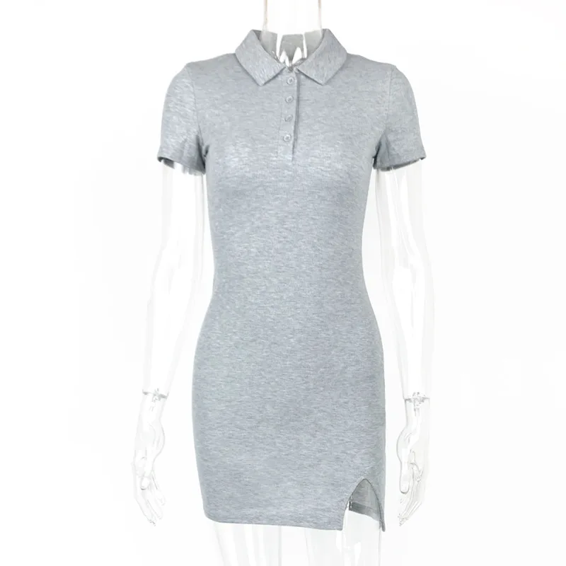 صيف جديد الموضة الأوروبية والأمريكية ضيقة بدوره إلى أسفل طوق Bodycon فتاة ساخنة قصيرة الأكمام فستان محبوك