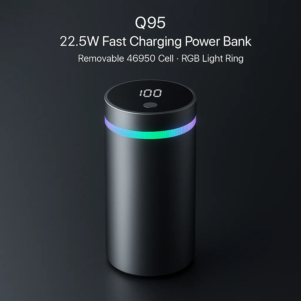 Removable DIY Power Bank Case 22.5W Fast Charging Battery Shell LED Display RGB Ring For Camping Outdoor Travel, No Battery