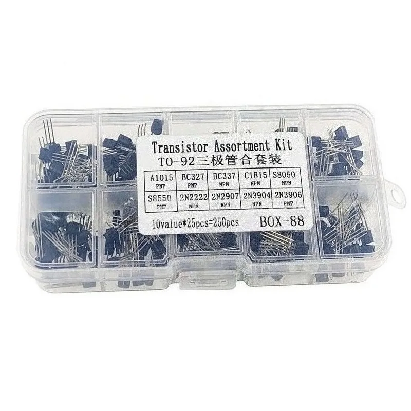 

TO-92 Transistor Kit 250PCS 10 Types Assorted BJT NPN PNP For Electronics Experiment Arduino DIY Project Sensor Control