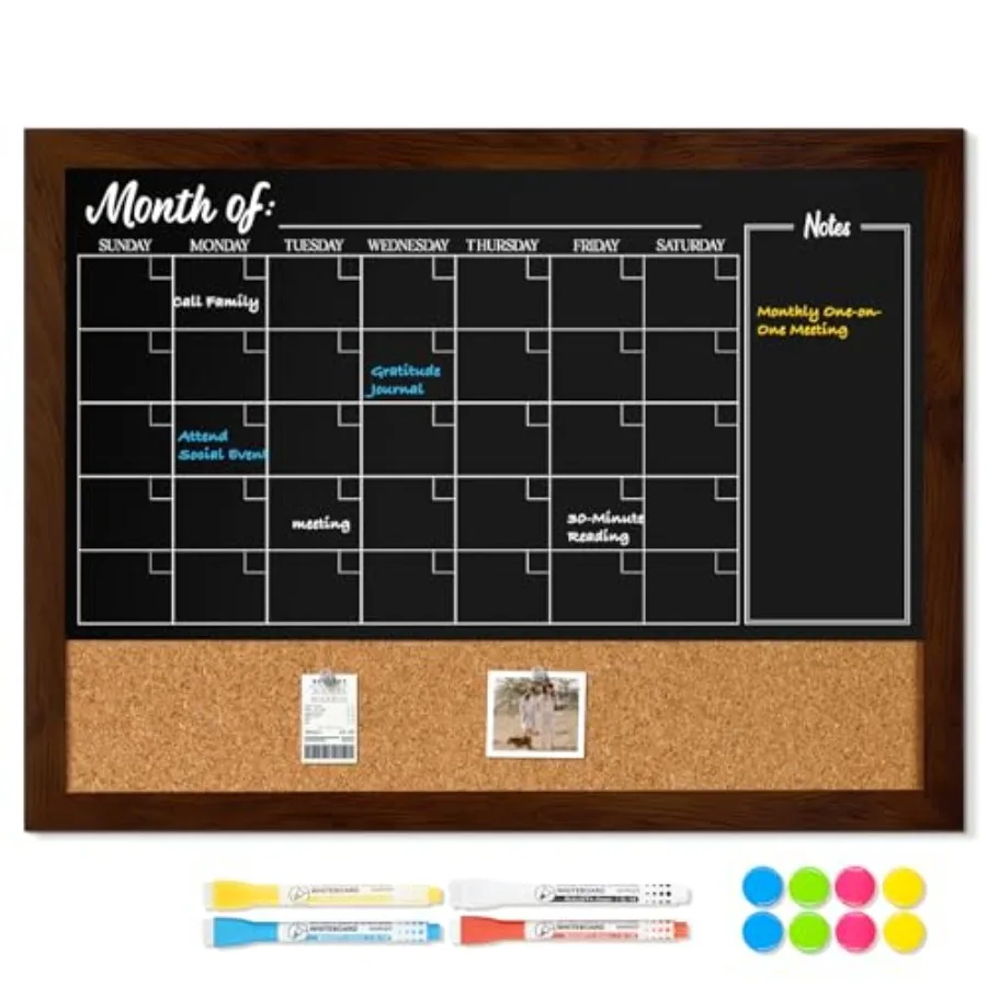 

Calendar,"" Magnetic Chalk Board Monthly Planner and Natural Cork Bullet Rustic Wood Frame for Office Home School with 4 Marker