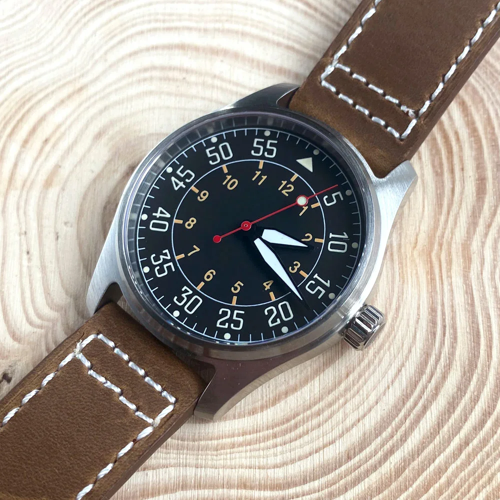 Tandorio Pilot Watch RED Hand Steel Mechanical Watch Men NH35 movt Flat Sapphire Crystal 200M Waterproof Sport Clock 39mm