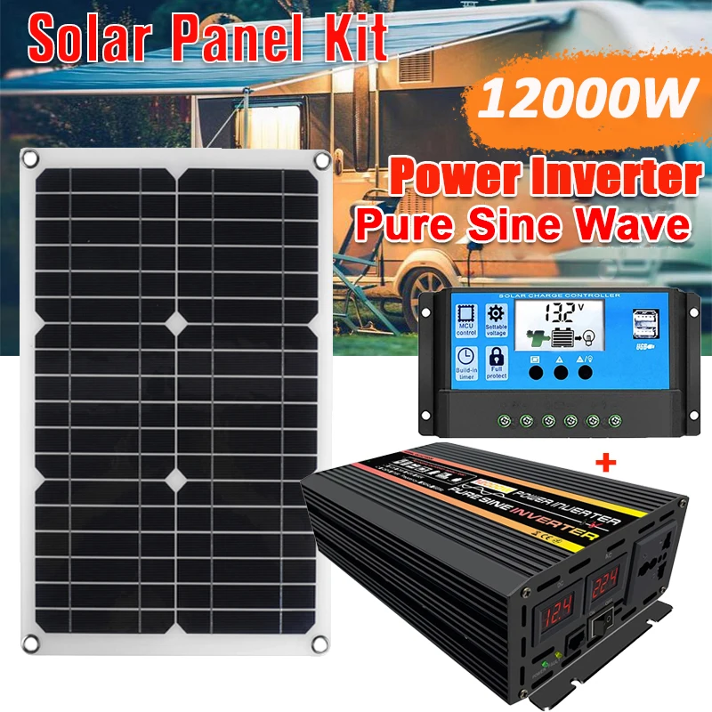 12000W 10000W Peaks Solar Panel with The Inverter DC 12V To 220V 110V Solar System Power Travel Van Camper with 30A Controller