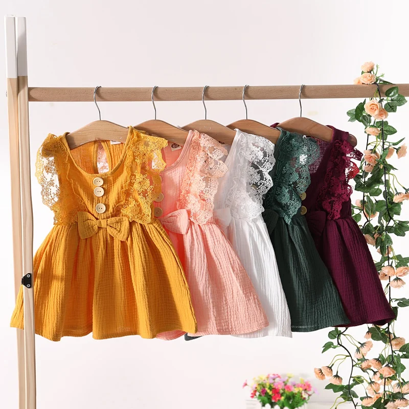 Summer Soft Baby Dress Baby Girl Cotton Dress Sweet Korean Solid Sleeveless Lace Princess Dresses Girls Casual Dresses 3-24M