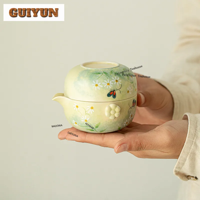 HOYIHM Hand-painted Daisy Travel Tea Set Kit Handmade 1 Pot 1 Cup Tea Maker Organizer Portable Outdoor Stock Bags Decoration